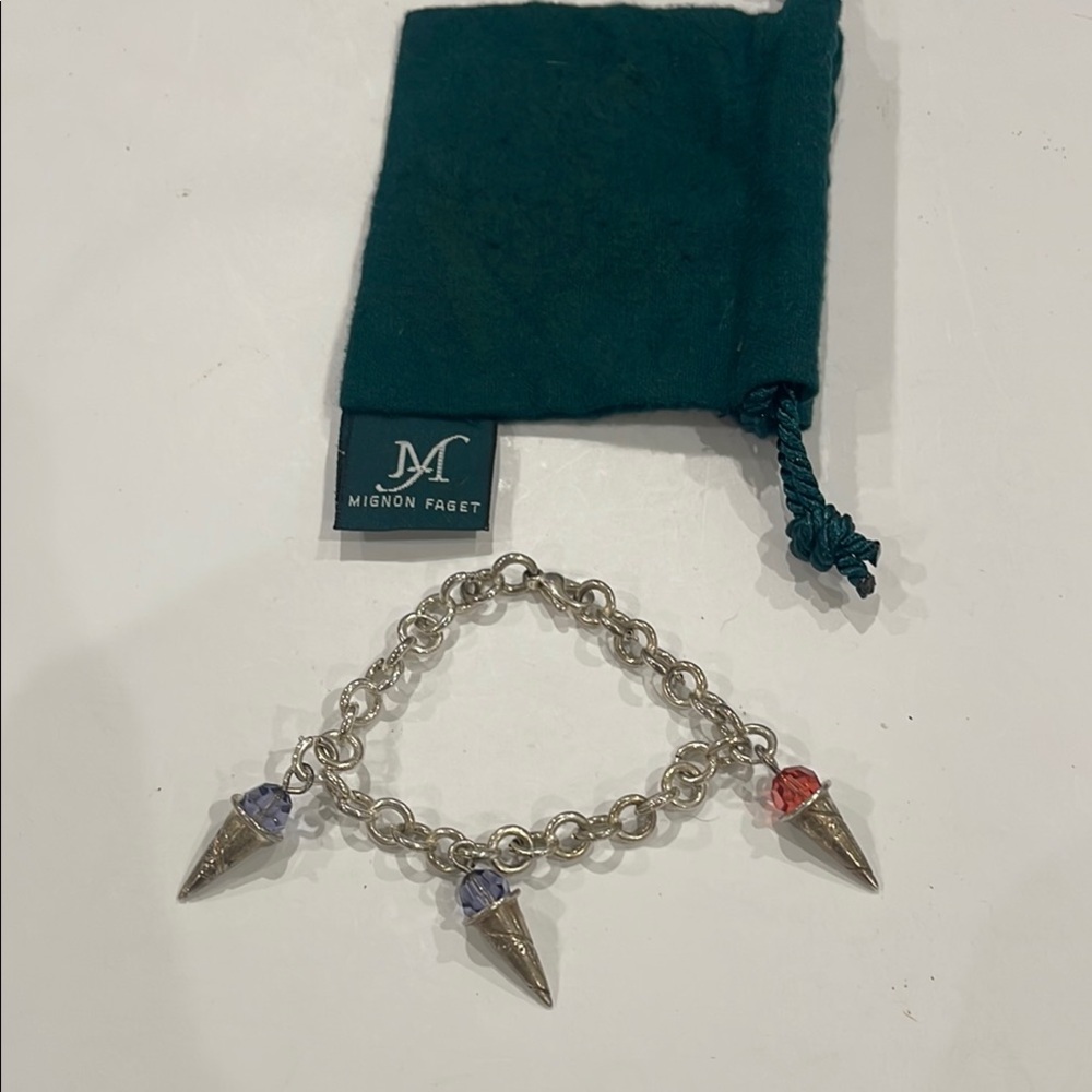 Mignon Faget Silver Charm Bracelet with Red and Blue Accents